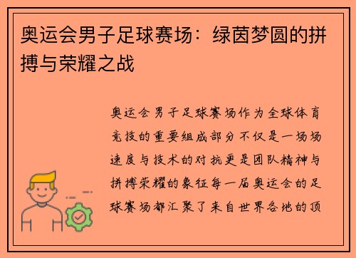 奥运会男子足球赛场：绿茵梦圆的拼搏与荣耀之战